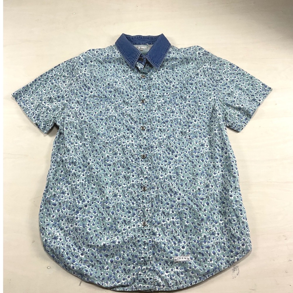 Vintage Riders by Lee Blue Floral Short Sleeve Button Down Shirt Denim Collar L